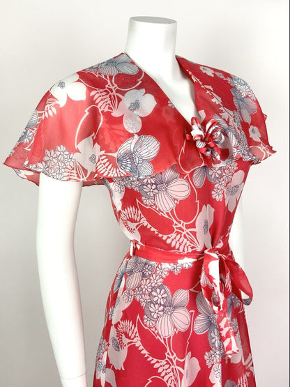 VINTAGE 60s 70s RED WHITE BLUE FLORAL CAPE SLEEVE SHEER SUMMER DRESS 8 10