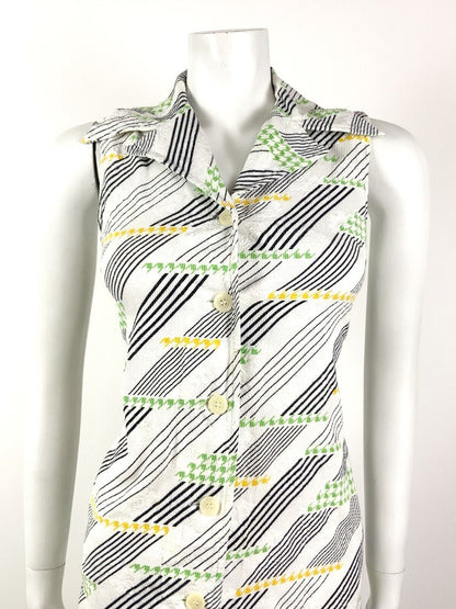 VINTAGE 60s 70s WHITE BLACK GREEN STRIPED HOUNDSTOOTH MOD DAGGER SHIRT DRESS 10