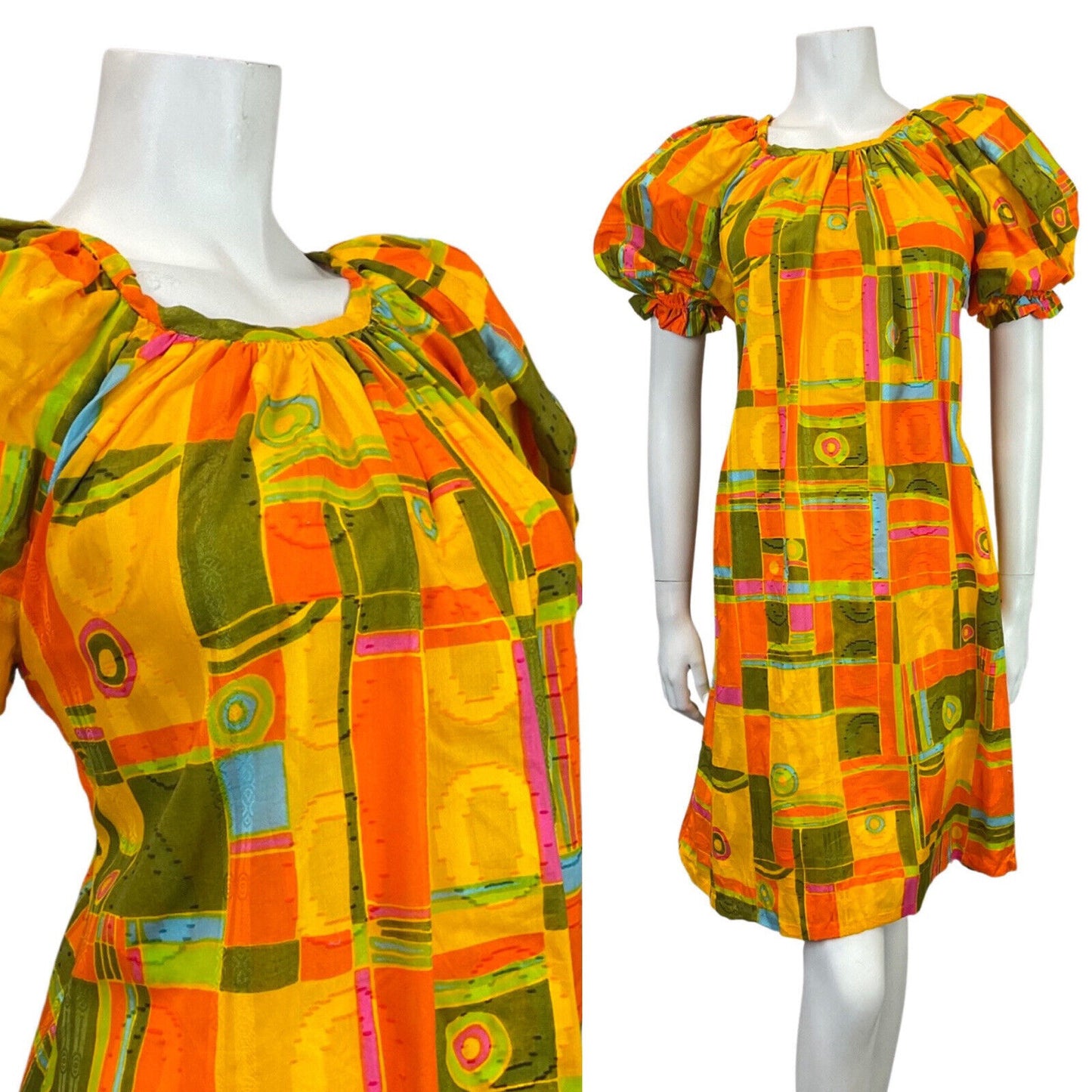 VINTAGE 60s 70s YELLOW GREEN ORANGE GEOMETRIC PUFF SLEEVE TENT DRESS 12 14