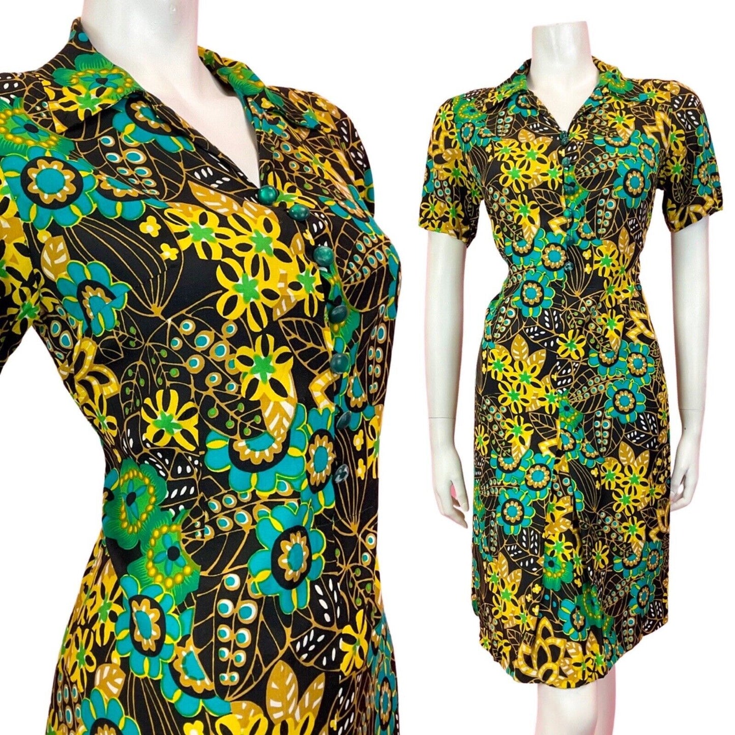 VINTAGE 60s 70s BLACK GREEN YELLOW PSYCHEDELIC FLORAL MANDALA SHIRT DRESS 10 12