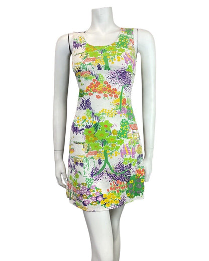 VINTAGE 60s 70s WHITE GREEN PURPLE FLORAL TREE COTTAGE SUMMER SHORT DRESS 8