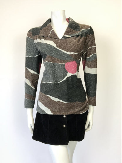 VINTAGE 60s 70s BLACK BROWN PINK ABSTRACT GLITTER LUREX SHIRT BLOUSE 14 16