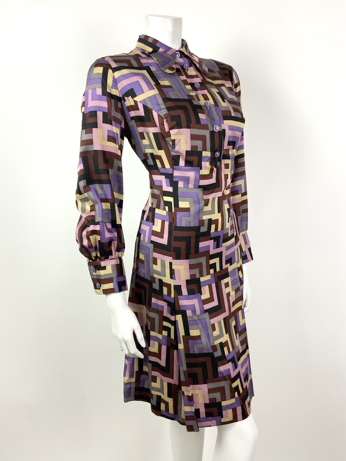 VTG 60s 70s PURPLE BROWN SILVER PINK GEOMETRI DOG-EAR COLLAR SHIRT DRESS 12 14