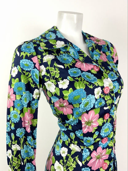 VINTAGE 60s 70s BLUE GREEN PINK WHITE FLORAL DAGGER COLLAR SHIRT DRESS 10 12