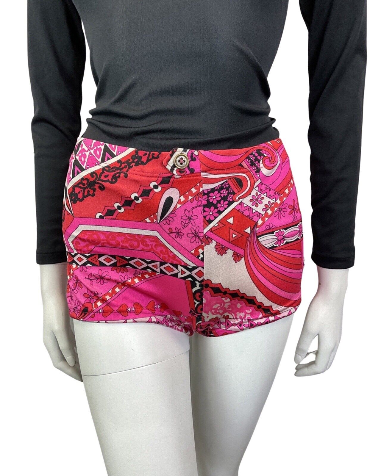 VINTAGE 60s 70s PINK RED BLACK PSYCHEDELIC FLORAL HIGH-WAISTED SWIM SHORTS 16