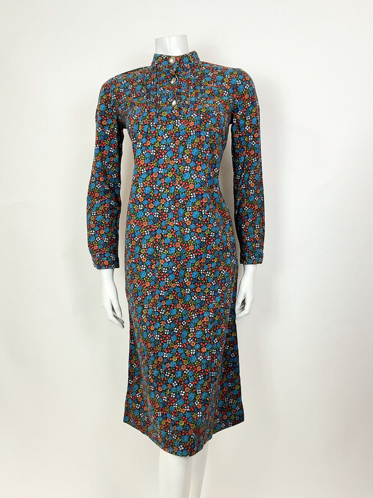 VINTAGE 60s 70s BLUE GREEN ORANGE DITSY FLORAL ROSE MOD SHIFT DRESS 10 12