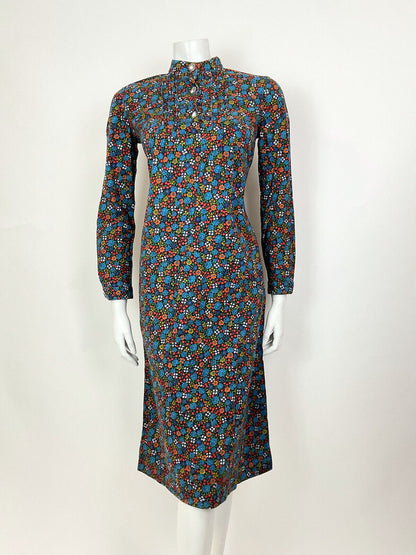 VINTAGE 60s 70s BLUE GREEN ORANGE DITSY FLORAL ROSE MOD SHIFT DRESS 10 12