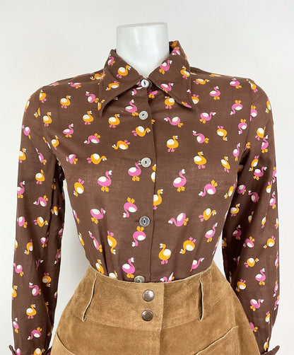 VINTAGE 60s 70s BROWN PINK YELLOW BIRD FLAMINGO MOD DAGGER SHIRT BOUSE 12 14