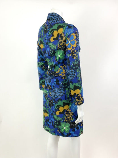 VTG 60s 70s BLUE YELLOW BLACK GREEN FLORAL LEAFY PSYCHEDELIC SHIRT DRESS 10 12