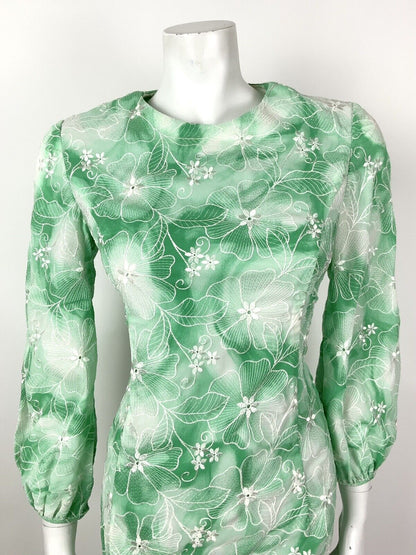 VINTAGE 60s 70s GREEN APPLE WHITE TIE-DYE FLORAL EMBROIDERED MOD DRESS 10