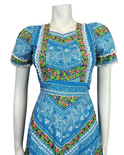 VINTAGE 70s BLUE GREEN WHITE FLORAL BERRY LACE DOTTY FOLK PRAIRIE BOHO DRESS 4
