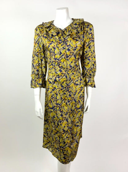 VINTAGE 60s 70s BLUE BEIGE YELLOW ORANGE SWIRL PSYCHEDELIC RUFFLE DRESS 16