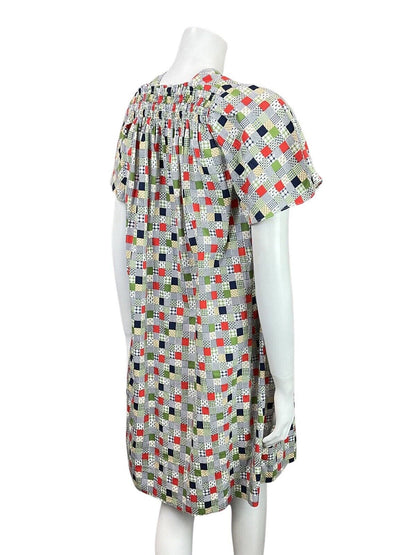 VINTAGE 60s 70s WHITE BLUE GREEN PATCHWORK FLORAL GINGHAM TENT A-LINE DRESS 6 8
