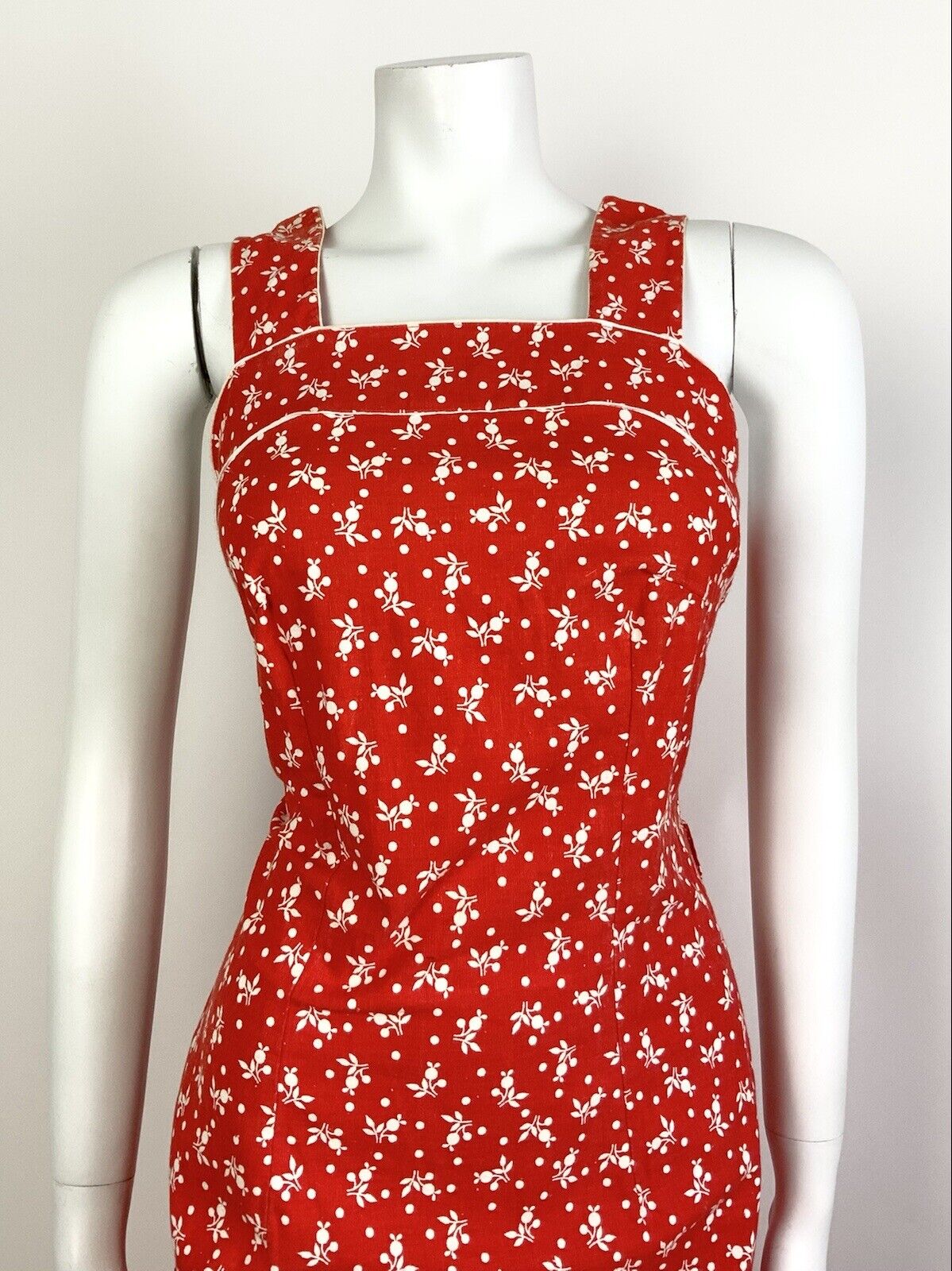 VINTAGE 60s 70s BRIGHT RED WHITE FLORAL DOTTY STRAPPY SUMMER APRON DRESS 10 12