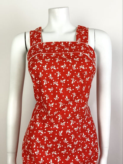VINTAGE 60s 70s BRIGHT RED WHITE FLORAL DOTTY STRAPPY SUMMER APRON DRESS 10 12
