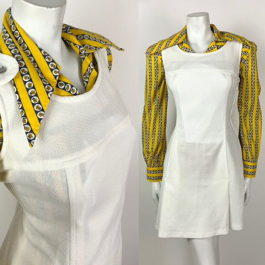 VINTAGE 60s 70s WHITE SILVER MOD PINAFORE APRON PINNY DRESS 10 12