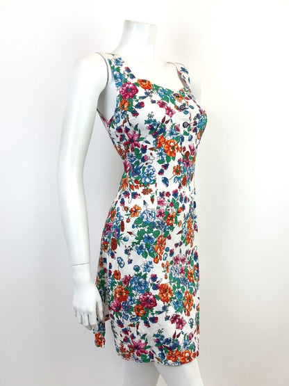 VTG 60s 70s WHITE BLUE RED GREEN FLORAL SWEETHEART PINAFORE APRON SUNDRESS 8