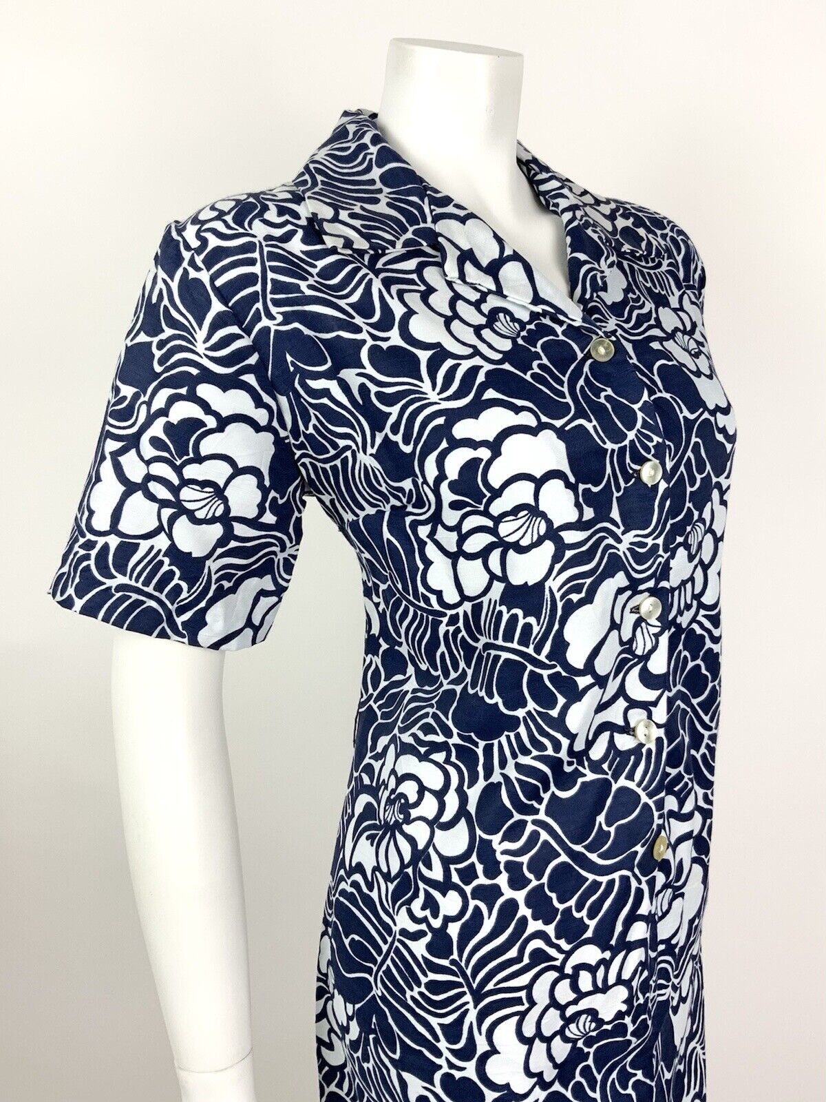 VINTAGE 60s 70s NAVY BLUE WHITE FLORAL LEAFY PSYCHEDELIC SHIRT DRESS 14 16