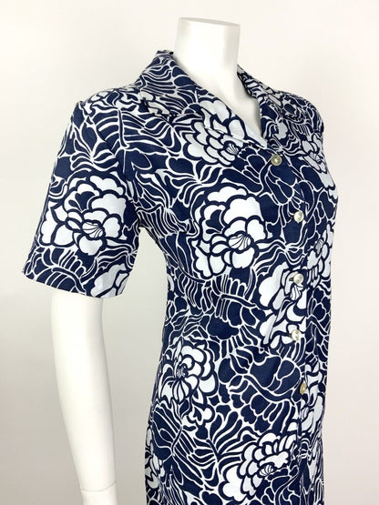 VINTAGE 60s 70s NAVY BLUE WHITE FLORAL LEAFY PSYCHEDELIC SHIRT DRESS 14 16