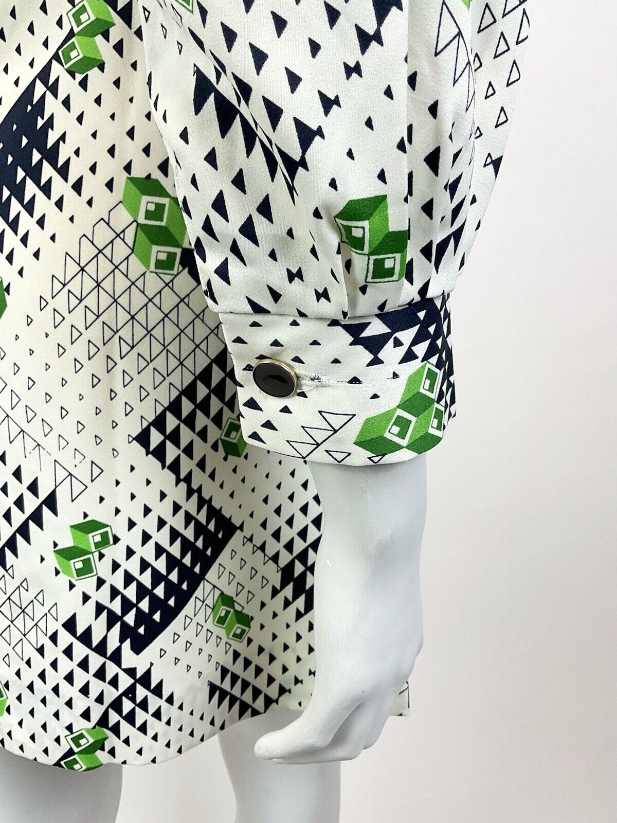 VINTAGE 60s 70s WHITE BLUE GREEN GEOMETRIC OP-ART MOD A-LINE SHORT DRESS 10 12