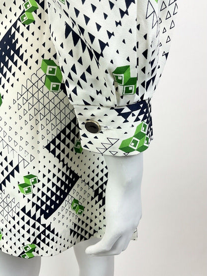 VINTAGE 60s 70s WHITE BLUE GREEN GEOMETRIC OP-ART MOD A-LINE SHORT DRESS 10 12