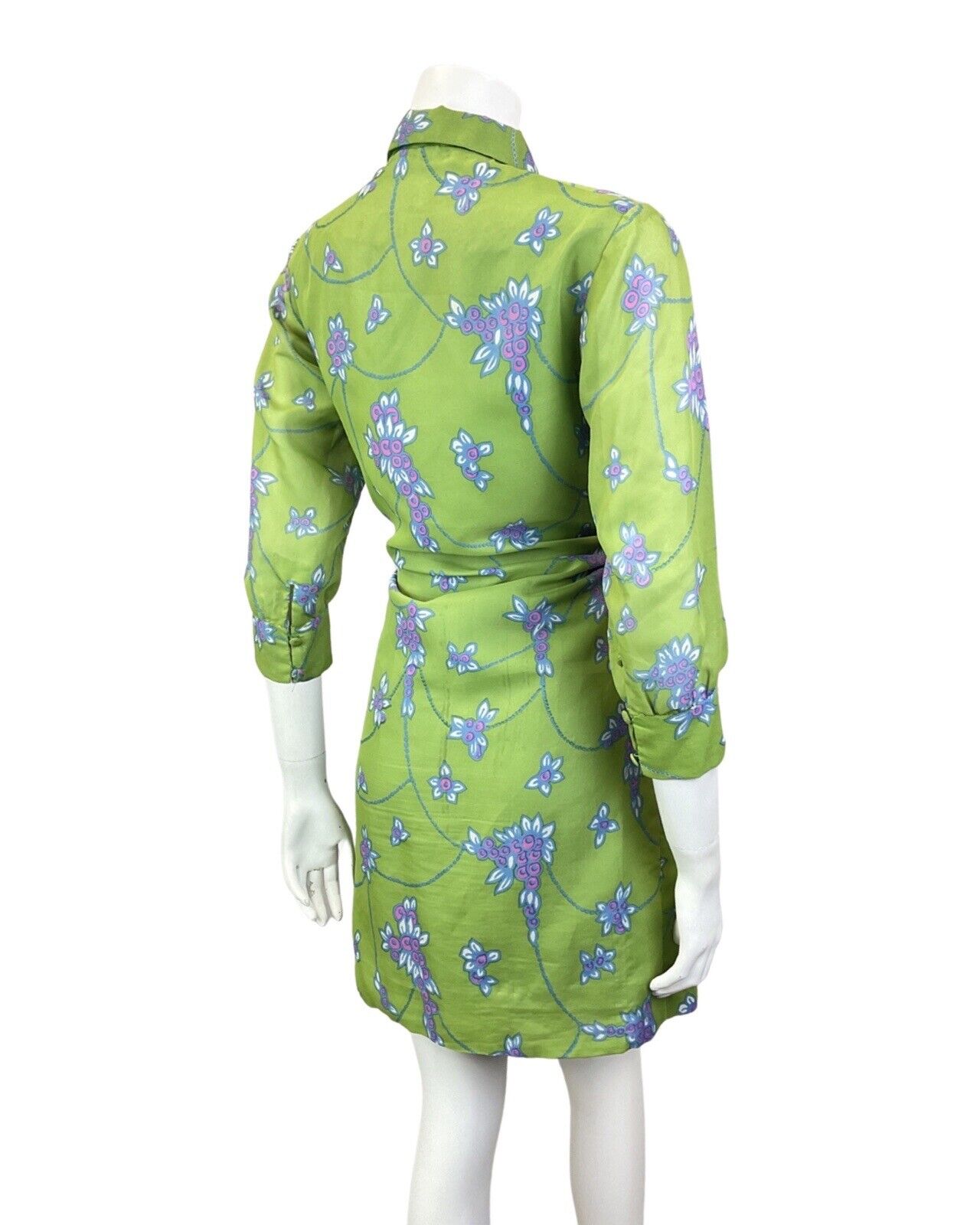VINTAGE 60s 70s GREEN BLUE FLORAL MOD DAGGER COLLAR RUFFLED SHIFT DRESS 10 12