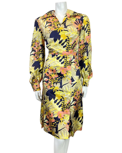 VINTAGE 60s 70s YELLOW BLUE BEIGE PSYCHEDELIC FLORAL PALM LEAF SHIRT DRESS 16