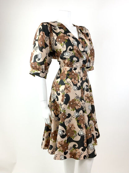VTG 60s 70s CREAM BLACK BROWN GREEN PSYCHEDELIC FLORAL BLOUSON SWING DRESS 12