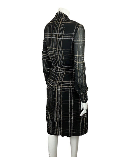 VINTAGE 60s 70s BLACK GOLD SILVER CHECKED MOD SHEER PUSSYBOW SHIRT DRESS 12