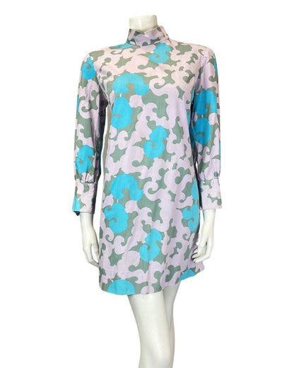 VINTAGE 60s 70s LILAC BLUE GREN ORNATE SWIRLING HIGH NECK MOD SHIFT DRESS 12 14