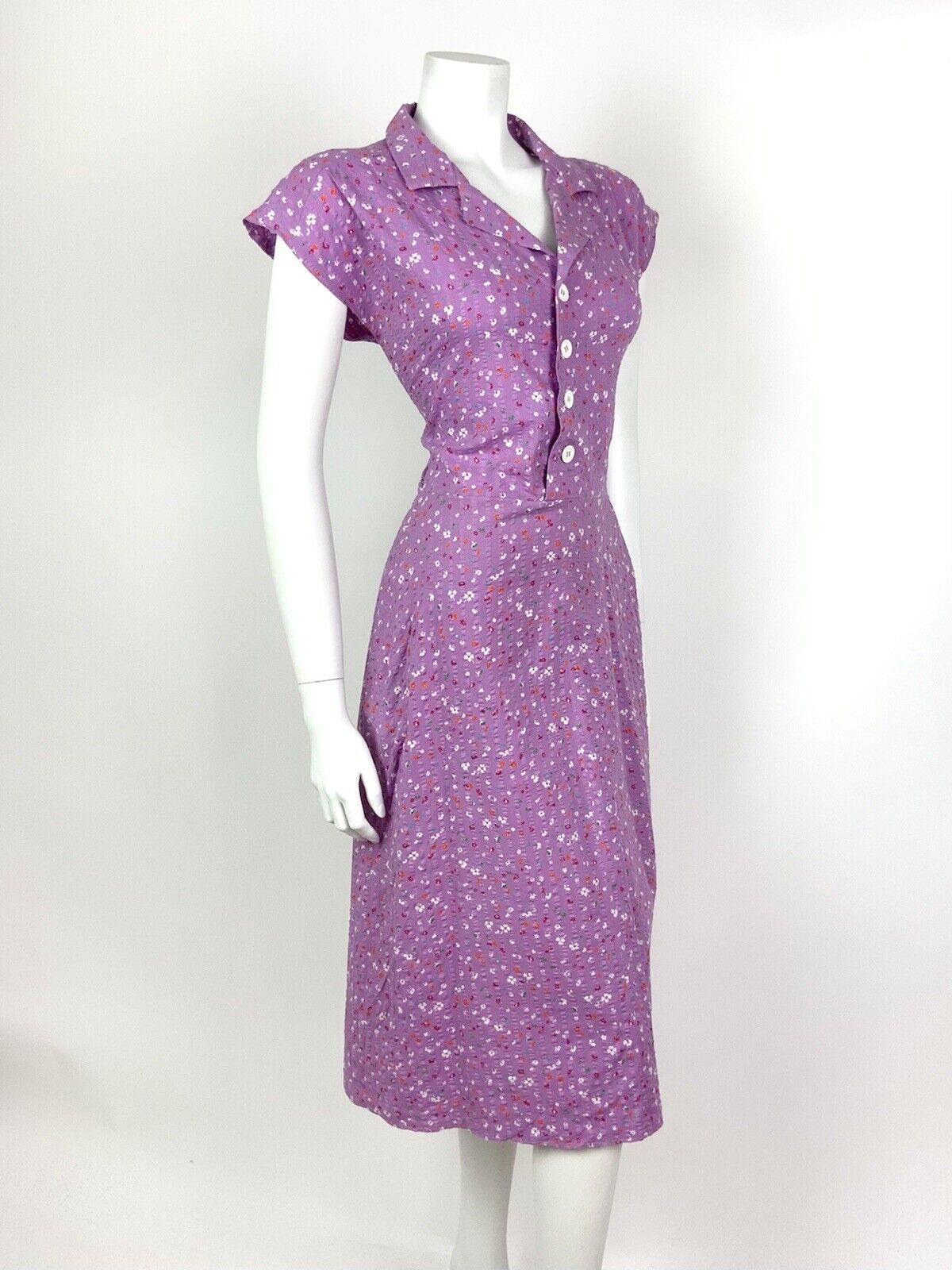 VINTAGE 70s PURPLE ORANGE WHITE BLUE DITSY FLORAL REVERS SHIRT DRESS 12