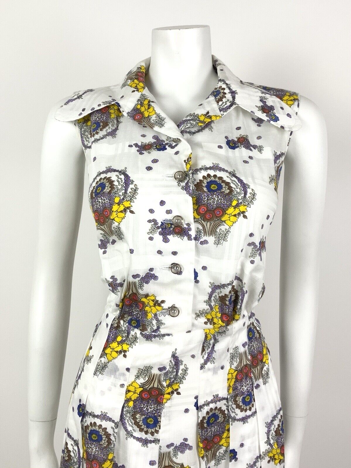 VINTAGE 60s 70s WHITE BROWN YELLOW PLAID FLORAL SPOON COLLAR SHIRT DRESS 12 14