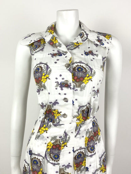 VINTAGE 60s 70s WHITE BROWN YELLOW PLAID FLORAL SPOON COLLAR SHIRT DRESS 12 14