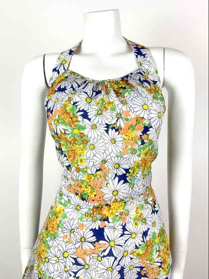 VINTAGE 60s 70s WHITE YELLOW ORANGE FLORAL DITSY DAISY HALTER SUMMER DRESS 10 12