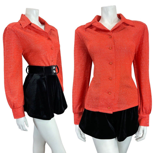 VINTAGE 60s 70s BRIGHT RED GLITTER DISCO LUREX DAGGER COLLAR SHIRT 12