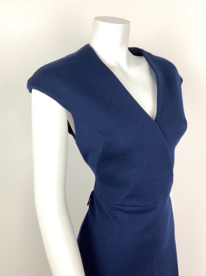 VINTAGE 60s 70s NAVY BLUE V-NECK CAPPED SLEEVE WOOL MOD DRESS 12