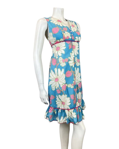VINTAGE 60s 70s BLUE PINK WHITE DAISY FLOWER EMPIRE LINE MOD DRESS 10 12