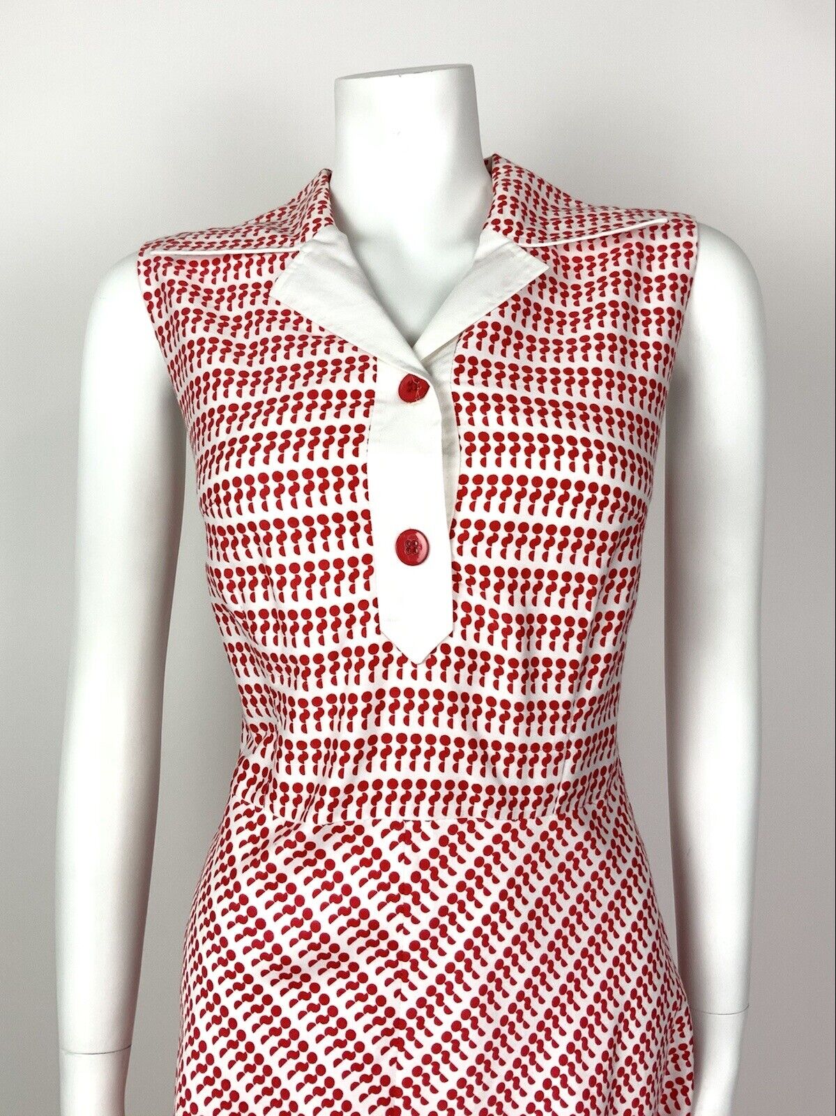 VINTAGE 60s 70s RED WHITE DOTTY GEOMETRIC SLEEVELESS SHIRT DRESS 12 14