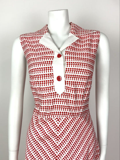 VINTAGE 60s 70s RED WHITE DOTTY GEOMETRIC SLEEVELESS SHIRT DRESS 12 14