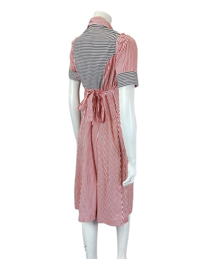 VINTAGE 60s 70s RED WHITE BLACK STRIPED BELTED MOD DAGGER MIDI SHIRT DRESS 8 10