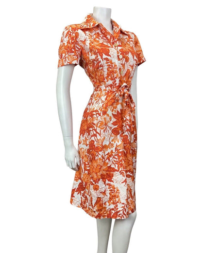 VINTAGE 60s 70s ORANGE RED WHITE FLORAL PSYCHEDELIC BELTED SHIRT DRESS 12 14