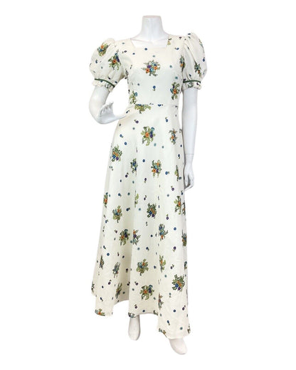 VINTAGE 60s 70s CREAM BLUE GREEN FLORAL BOUQUET PUFF SLEEVE BOHO MAXI DRESS 8 10