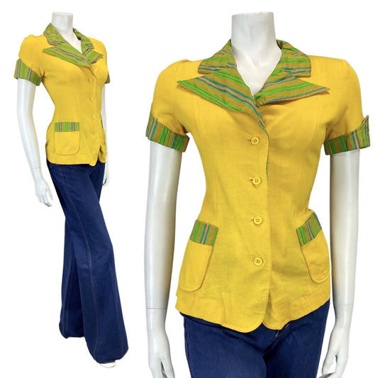 VINTAGE 60s 70s YELLOW GREEN ORANGE STRIPED MOD SHORT SLEEVE BLOUSE 8