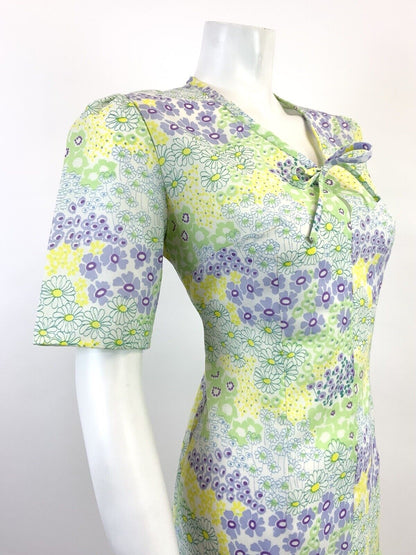 VTG 60s 70s GREEN PURPLE WHITE YELLOW FLORAL PSYCHEDELIC DROP WAIST DRESS 12 14