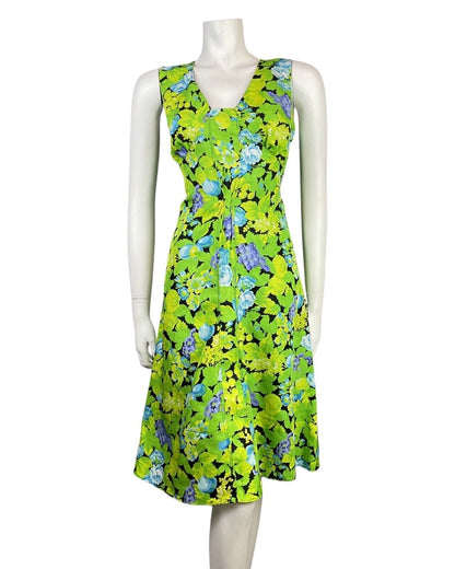VINTAGE 60s 70s GREEN BLACK BLUE FLORAL GRAPES SLEEVELESS SUMMER DRESS 10 12