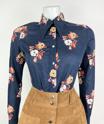 VINTAGE 60s 70s CACHAREL NAVY BLUE RED BEIGE FLORAL ROSE DAGGER SHIRT BLOUSE 10