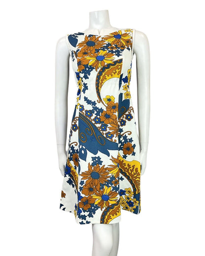 VINTAGE 60s 70s WHITE BLUE YELLOW PSYCHEDELIC FLORAL SLEEVELESS MOD DRESS 6