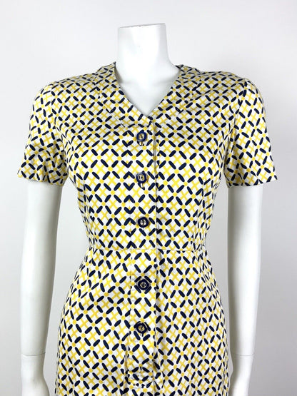 VINTAGE 60s 70s WHITE YELLOW NAVY BLUE CHECKED GEOMETRIC MOD DRESS 10