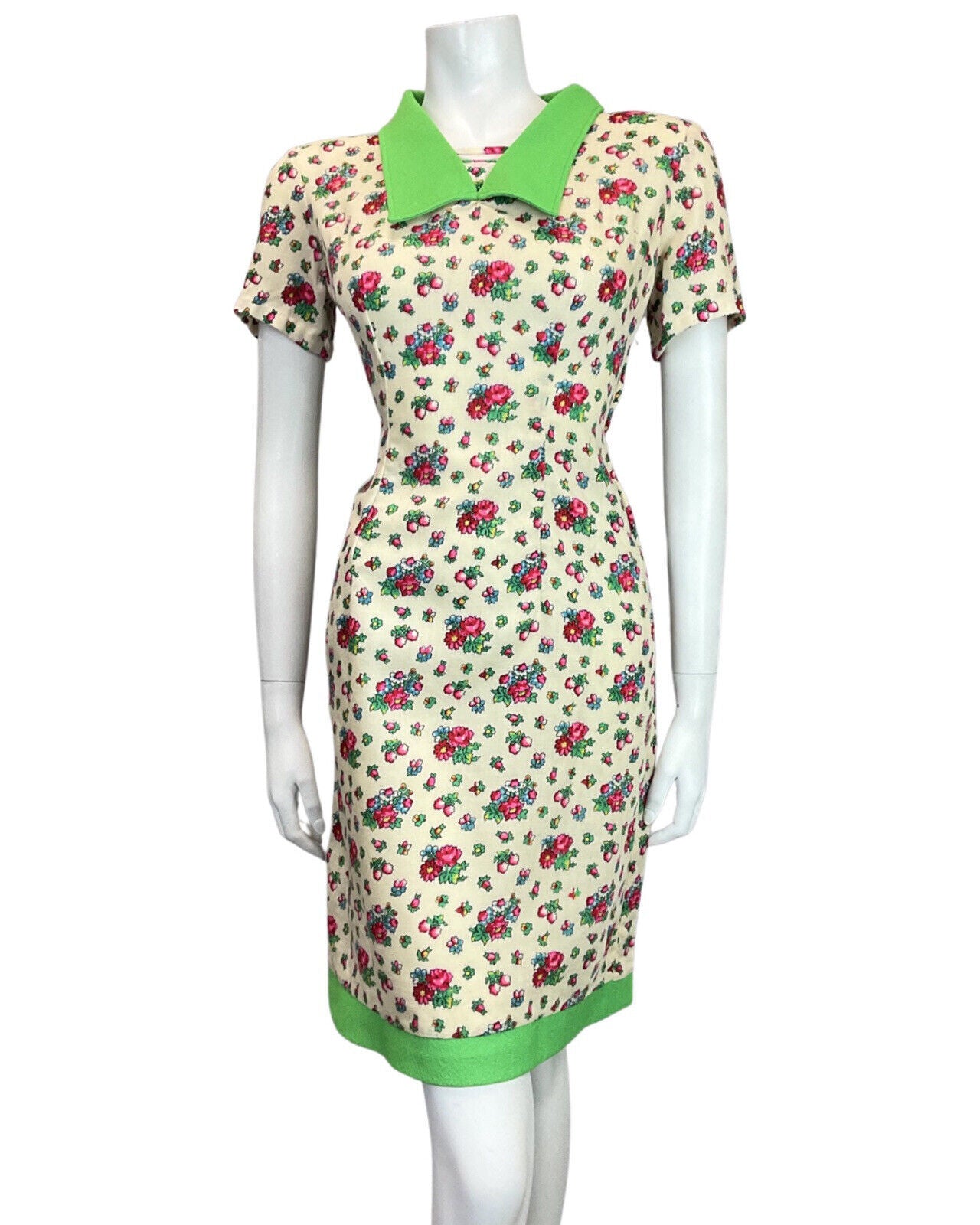 VTG 60s 70s CREAM GREEN RED PINK FLOWER DITSY CHELSEA COLLAR WIGGLE DRESS 12 14