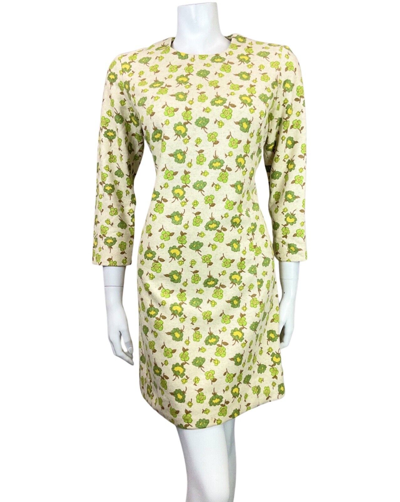 VINTAGE 60s 70s CREAM GREEN YELLOW FLORAL LEAFY DAISY MOD WOOL SHIFT DRESS 10 12